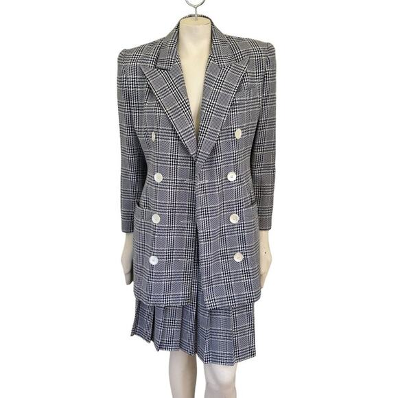 VTG 80s RAFAEL Houndstooth Plaid Pleated Skirt in Navy Blue & White SZ 4 - Picture 7 of 12